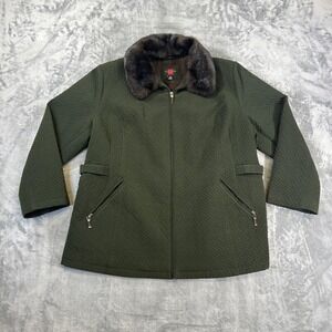 VTG Gallery Quilted Coat‎ Women's 2X Green Removable Faux Fur Collar Plus Size